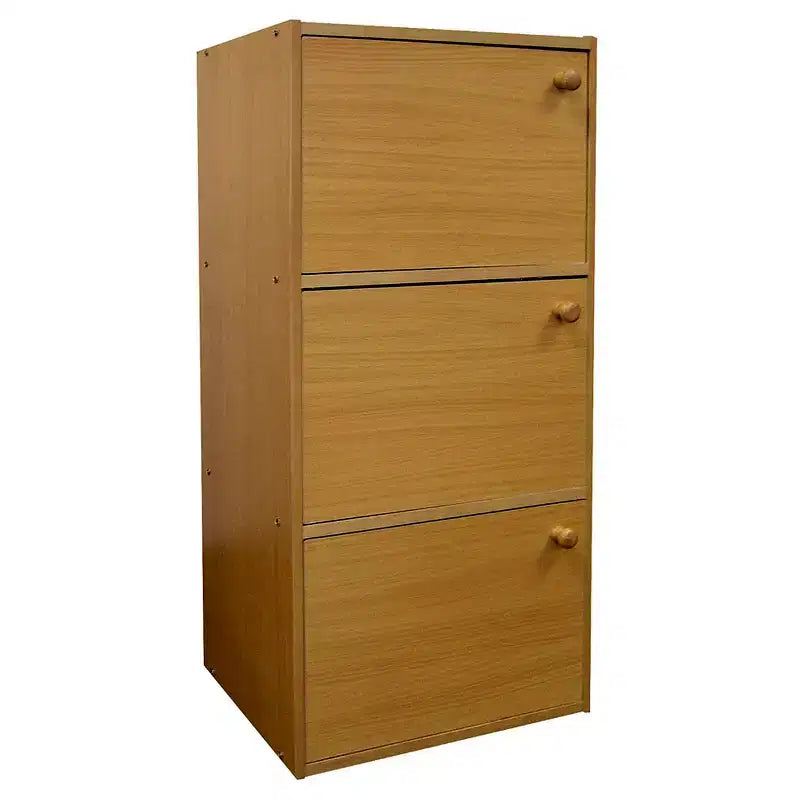 Ore International 35.5" 3 Level Bookshelf with Doors Tan Wood: Modern Style, Metal Hardware, Wood Frame