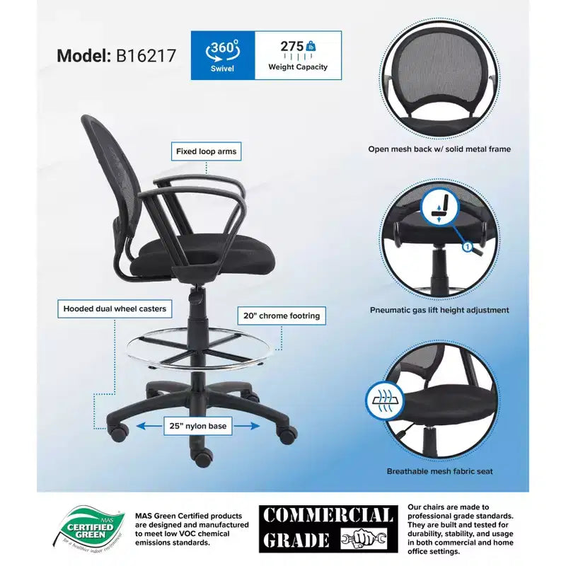 Tabouret de dessin en maille avec accoudoirs fixes noirs - Boss Office Products : Pivotant, piètement en nylon, structure en métal, capacité de 125 kg