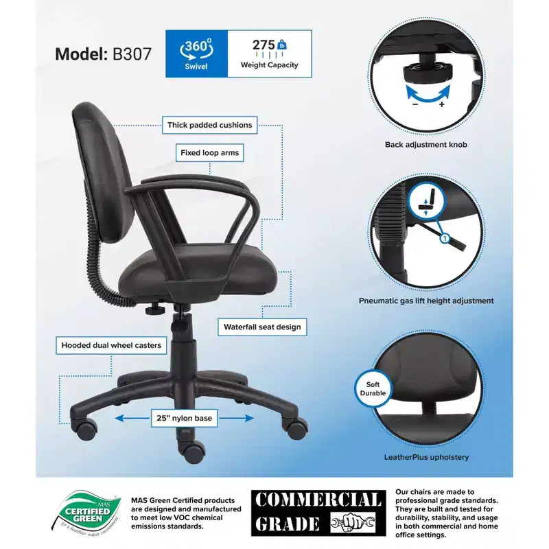Chaise Posture avec accoudoirs bouclés noirs - Boss Office Products : LeatherPlus, soutien lombaire, hauteur réglable