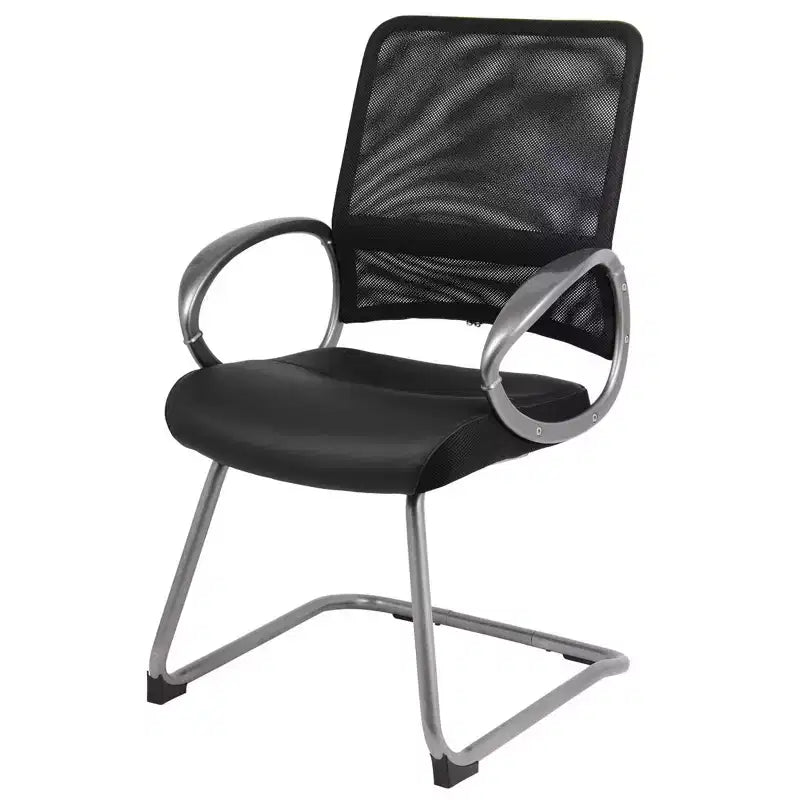 Mesh Back with Pewter Finish Guest Chair Black - Boss Office Products: LeatherPlus Seat, Cantilever Base