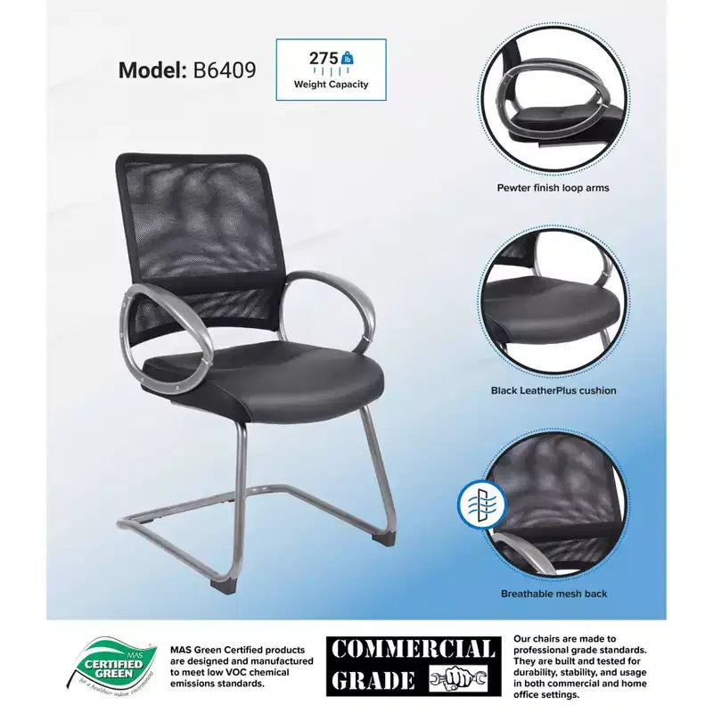 Chaise visiteur dossier maille finition étain noir - Boss Office Products : Assise LeatherPlus, piètement luge