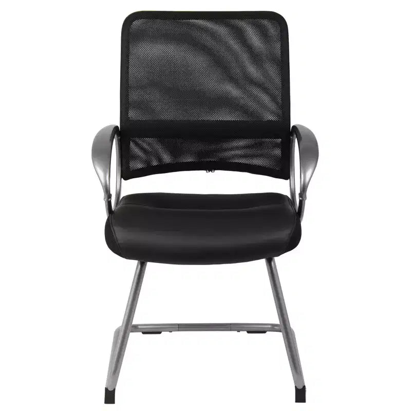 Chaise visiteur dossier maille finition étain noir - Boss Office Products : Assise LeatherPlus, piètement luge