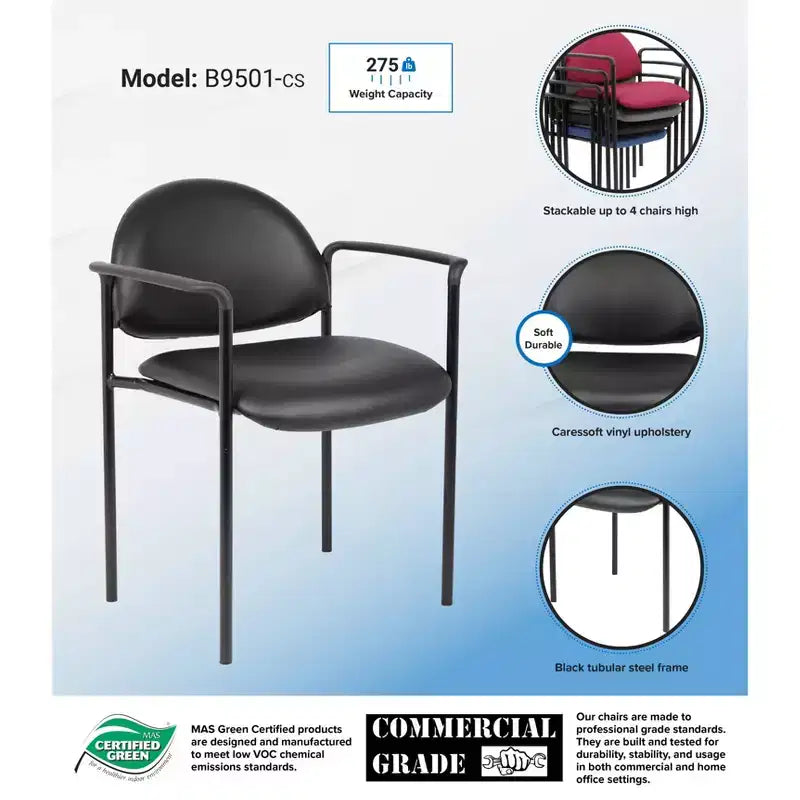 Chaise empilable moderne en vinyle noir - Boss Office Products : revêtement Caressoft, cadre en métal, capacité de 125 kg