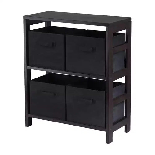 4pc Capri Set Storage Shelf with Folding Fabric Baskets Espresso Brown/Black - Winsome: Mid-Century Modern, Wood Composite