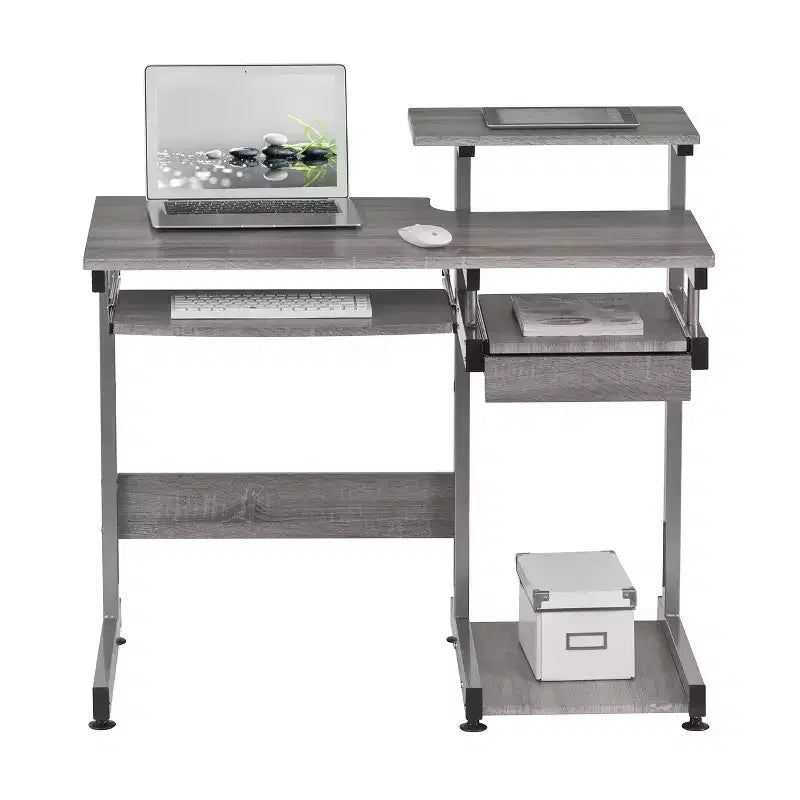 Bureau poste de travail informatique complet gris – Techni Mobili : avec tiroir, structure en acier, surface en MDF