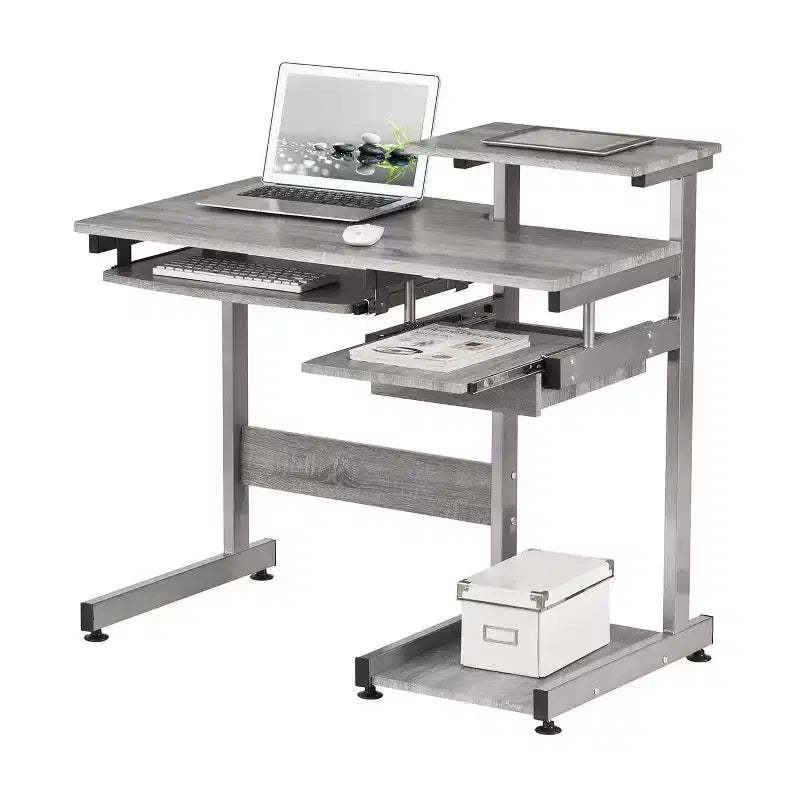 Bureau poste de travail informatique complet gris – Techni Mobili : avec tiroir, structure en acier, surface en MDF