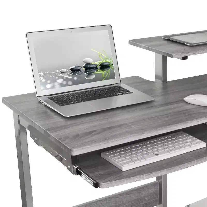 Bureau poste de travail informatique complet gris – Techni Mobili : avec tiroir, structure en acier, surface en MDF