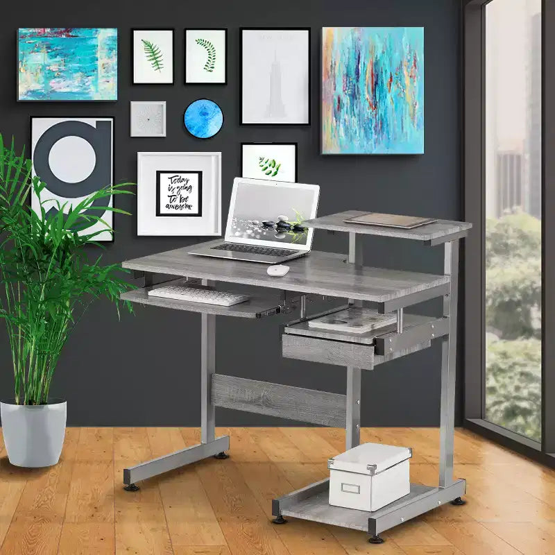 Bureau poste de travail informatique complet gris – Techni Mobili : avec tiroir, structure en acier, surface en MDF
