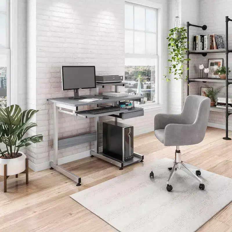 Bureau poste de travail informatique complet gris – Techni Mobili : avec tiroir, structure en acier, surface en MDF
