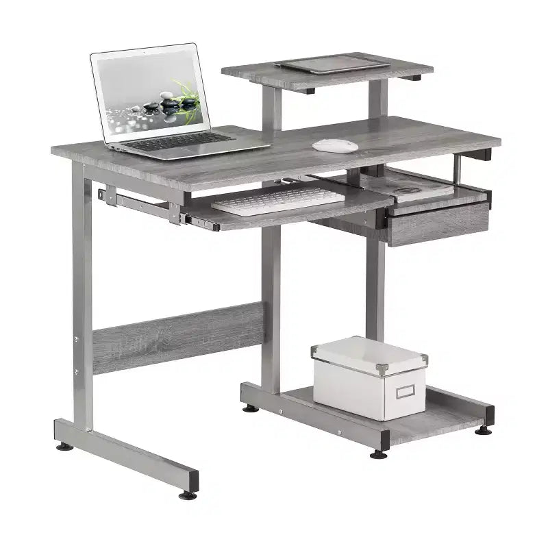 Bureau poste de travail informatique complet gris – Techni Mobili : avec tiroir, structure en acier, surface en MDF