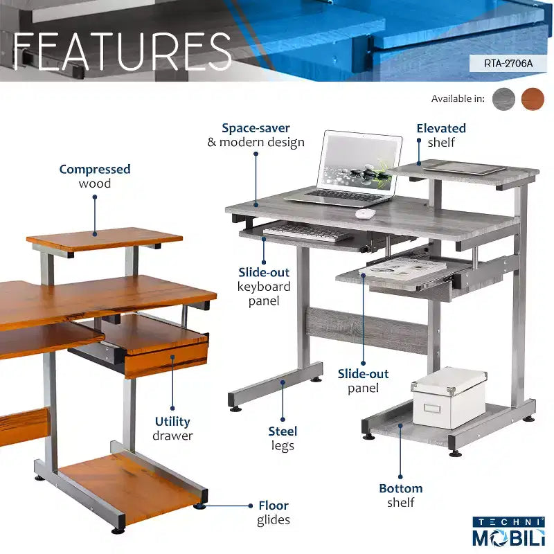 Bureau poste de travail informatique complet gris – Techni Mobili : avec tiroir, structure en acier, surface en MDF