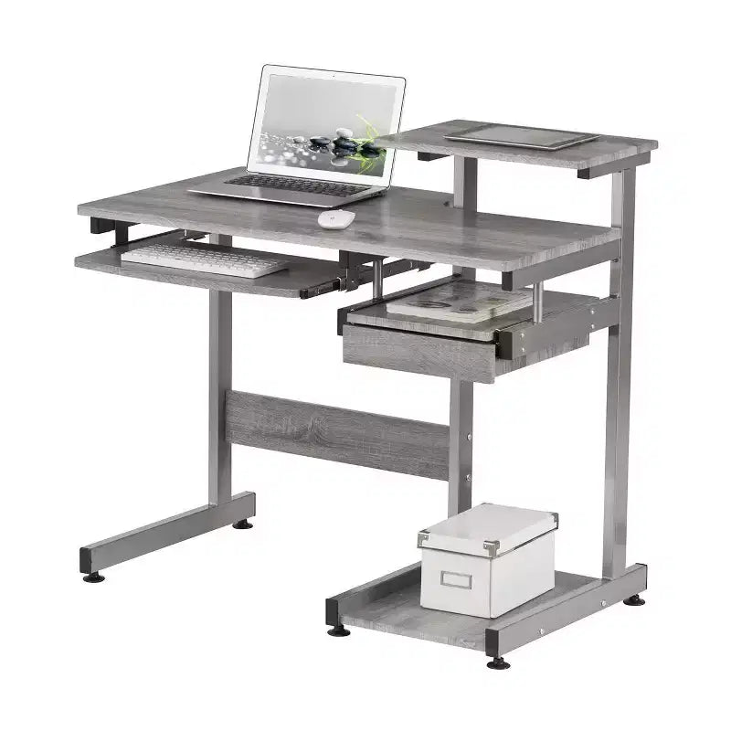 Bureau poste de travail informatique complet gris – Techni Mobili : avec tiroir, structure en acier, surface en MDF