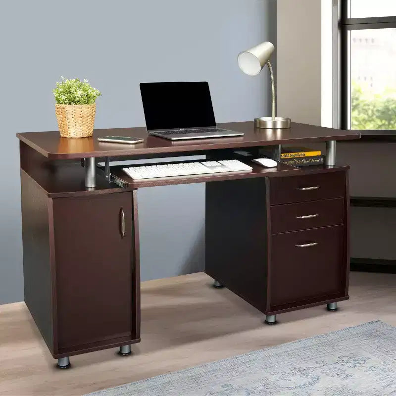 Bureau d'ordinateur complet avec rangement marron - Techni Mobili : Meuble de bureau en L avec gestion des câbles