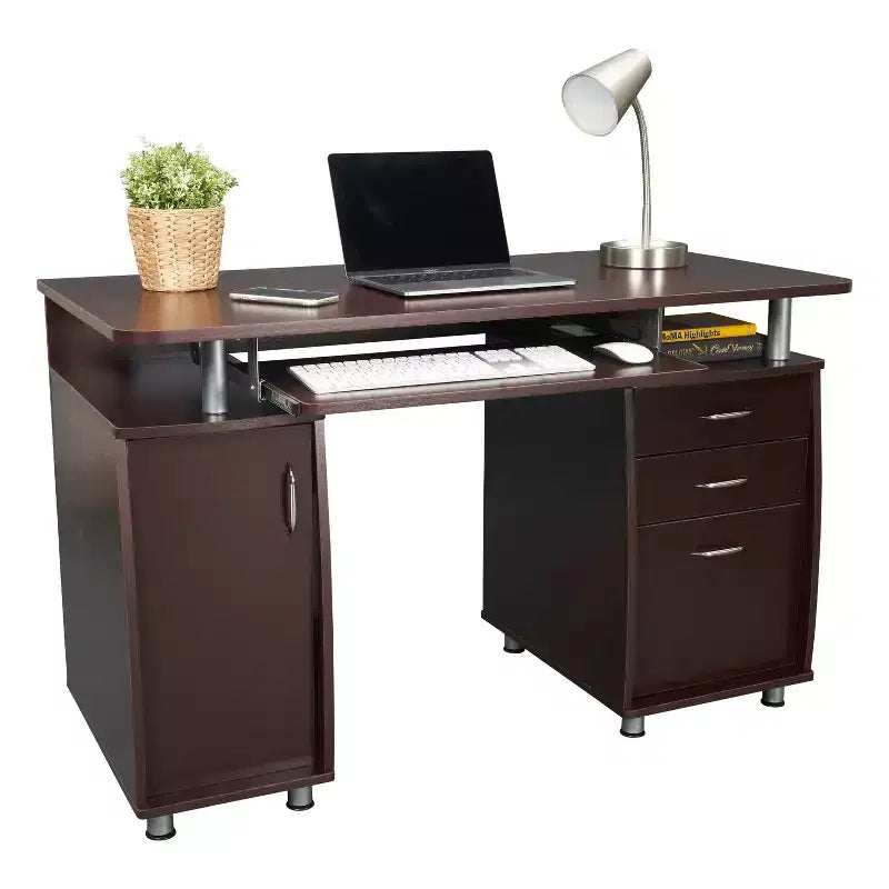 Bureau d'ordinateur complet avec rangement marron - Techni Mobili : Meuble de bureau en L avec gestion des câbles