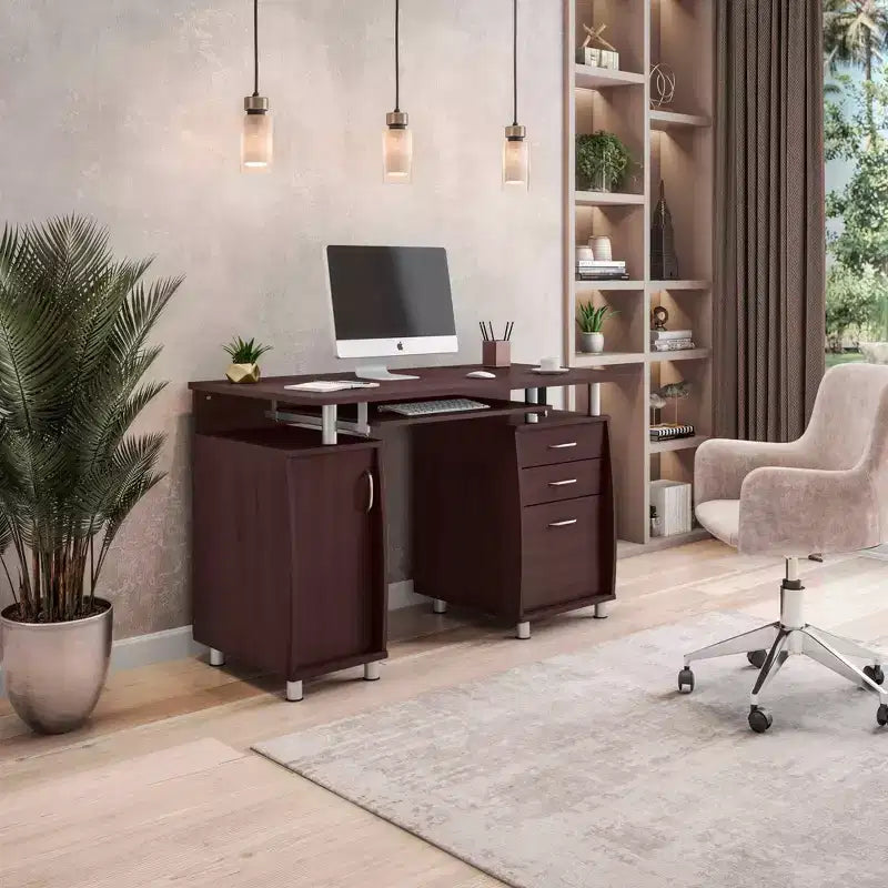 Bureau d'ordinateur complet avec rangement marron - Techni Mobili : Meuble de bureau en L avec gestion des câbles