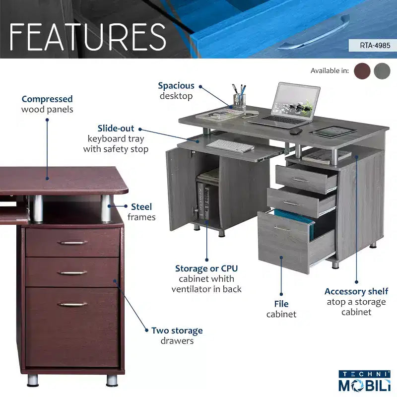 Bureau d'ordinateur complet avec rangement marron - Techni Mobili : Meuble de bureau en L avec gestion des câbles