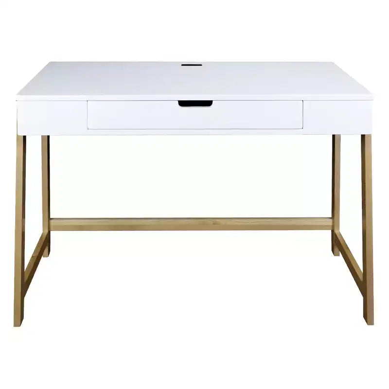 Bureau intelligent néo-rustique avec ports USB Blanc/Naturel - Flora Home : Construction en bois massif, assemblage facile