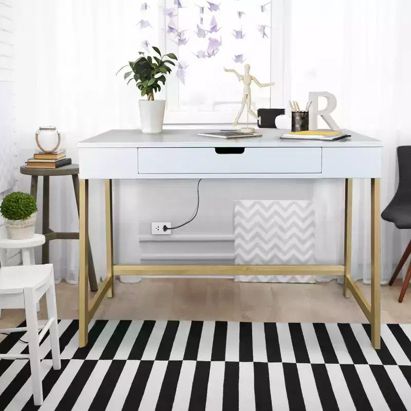 Bureau intelligent néo-rustique avec ports USB Blanc/Naturel - Flora Home : Construction en bois massif, assemblage facile