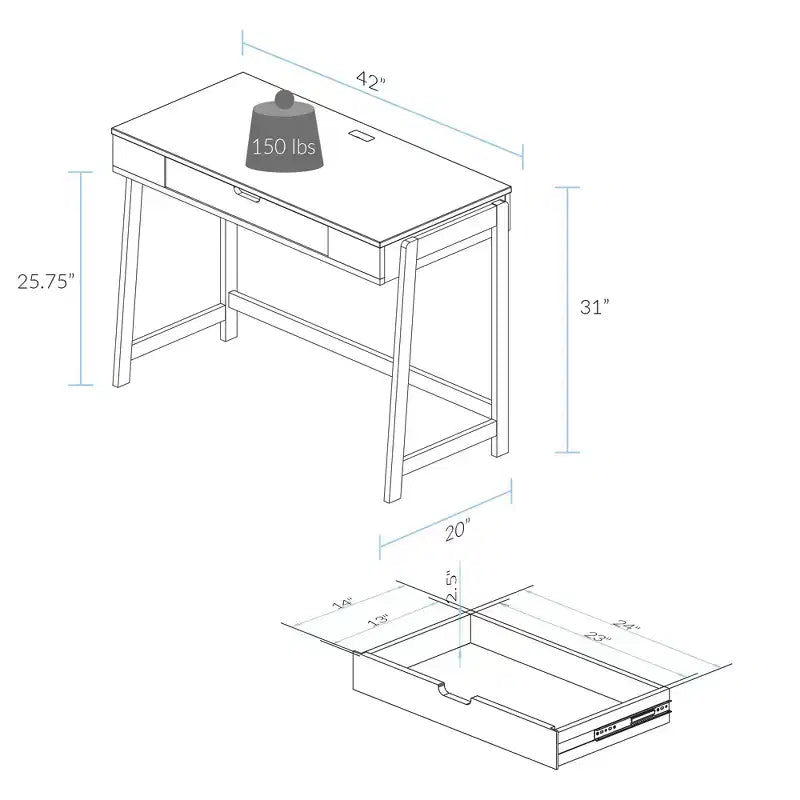 Bureau intelligent néo-rustique avec ports USB Blanc/Naturel - Flora Home : Construction en bois massif, assemblage facile