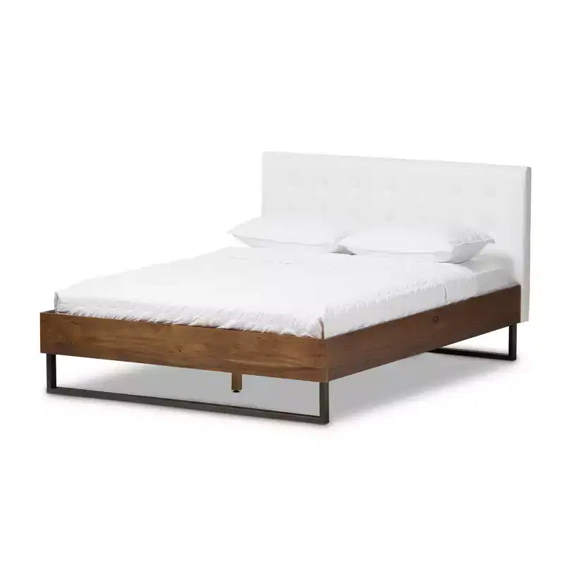 Queen Mitchell Rustic Industrial Walnut & Faux Leather Bed - Baxton Studio: Steel Legs, Padded Headboard