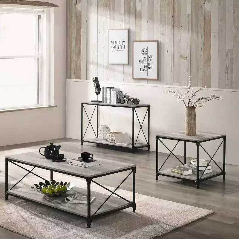 SALON : Table basse 3 pièces et 2 tables d'appoint Rosslea noir/gris