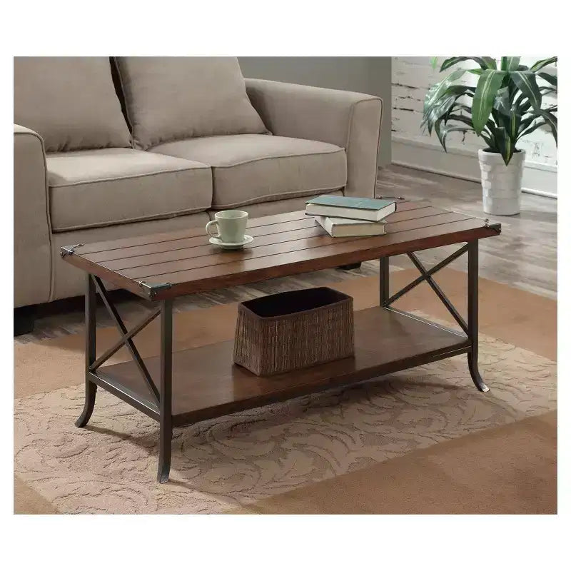 Table Basse Brookline Noyer Foncé/Gris Ardoise - Breighton Home : Design Élégant, Métal Décoratif, Étagère de Rangement