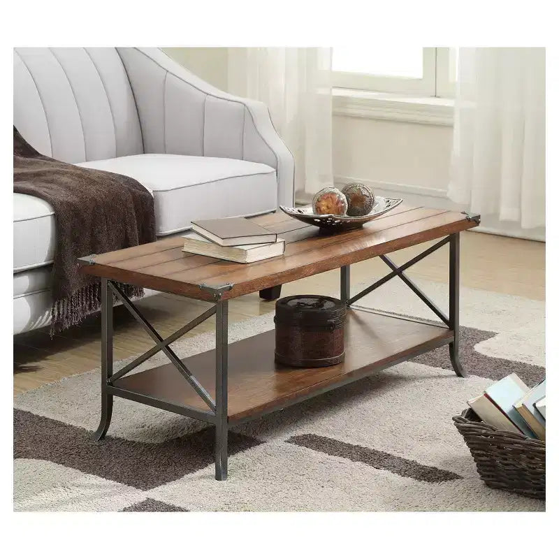 Table Basse Brookline Noyer Foncé/Gris Ardoise - Breighton Home : Design Élégant, Métal Décoratif, Étagère de Rangement