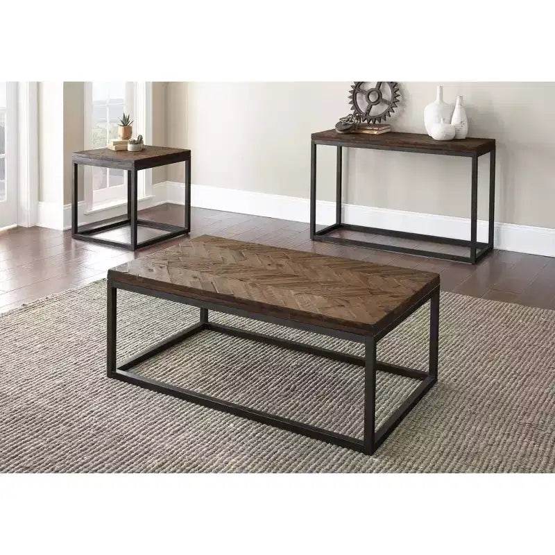 Table basse cocktail Lorenza en métal marron - Steve Silver Co. : bois d'acacia, motif à chevrons, base en nickel vintage