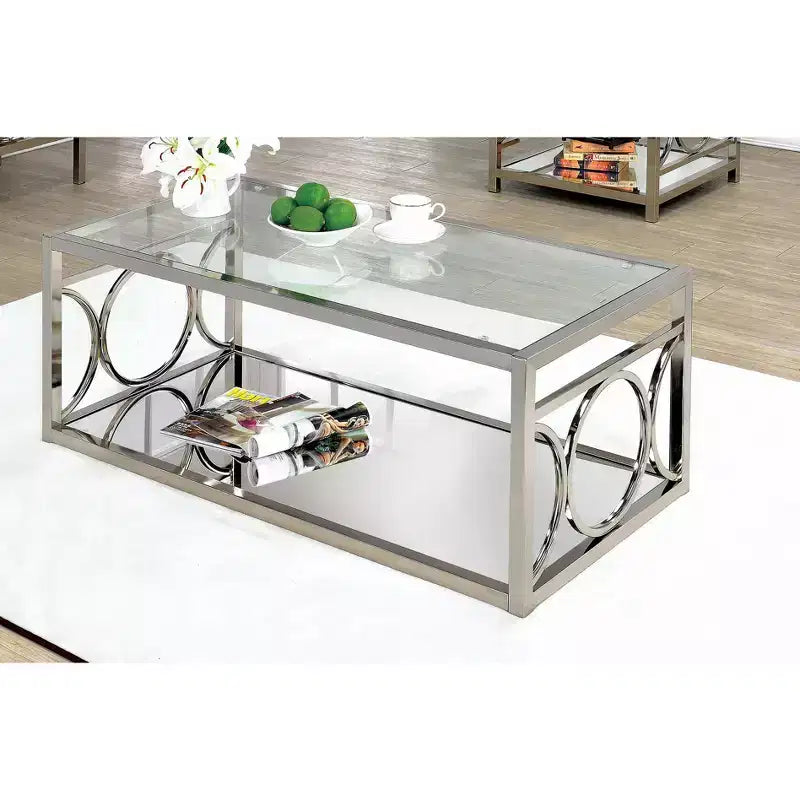 HOMES: Inside + Out Table basse Nora Chrome : Cadre métallique argenté contemporain, Verre trempé transparent, Étagère de rangement, Base à 4 points