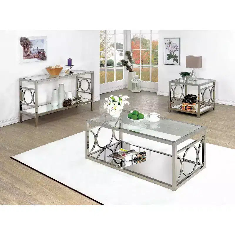 HOMES: Inside + Out Table basse Nora Chrome : Cadre métallique argenté contemporain, Verre trempé transparent, Étagère de rangement, Base à 4 points