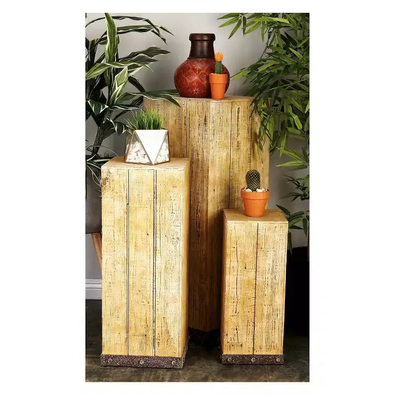 Bois (Lot de 3) Tables d'Appoint Carrées Piedestal Naturel - Olivia & May: Entièrement Assemblé, Utilisation Intérieure