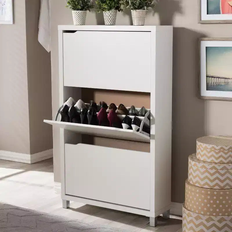 Meuble à chaussures moderne à 3 tiroirs Simms Blanc - Baxton Studio : Organiseur d'entrée, contient 18 paires