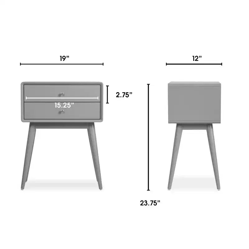 Table d'appoint Rory à deux tiroirs grise - Adore Decor : Moderne Mid-Century, bois MDF, pieds effilés