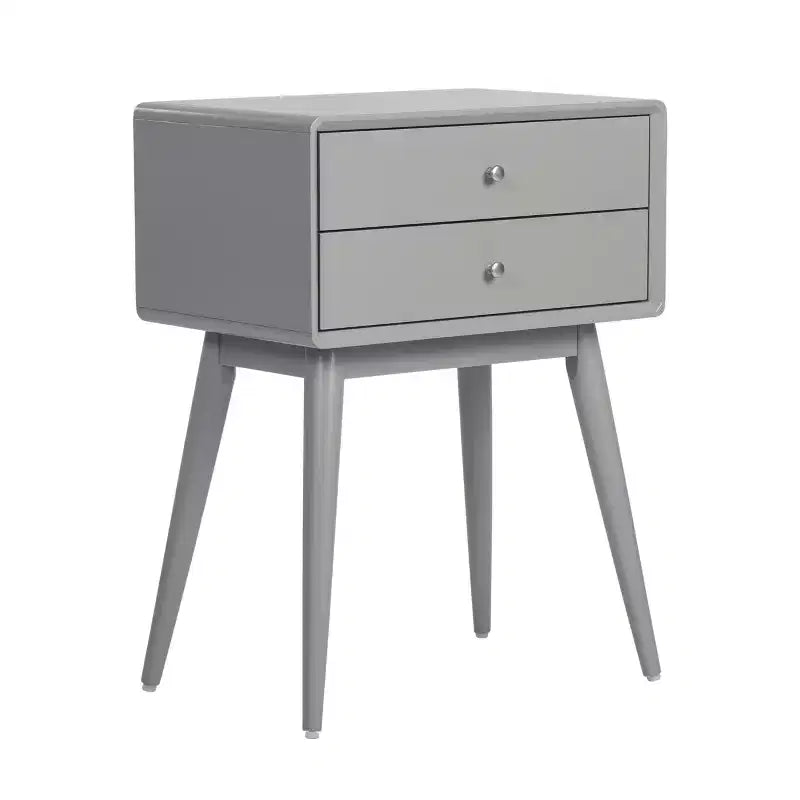 Table d'appoint Rory à deux tiroirs grise - Adore Decor : Moderne Mid-Century, bois MDF, pieds effilés