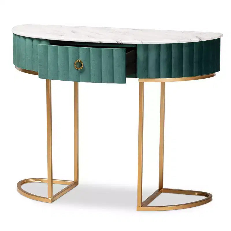 Baxton Studio Table Console Beale Velours Rembourrée 1 Tiroir Brossée Vert/Or : Dessus Faux Marbre, Cadre MDF