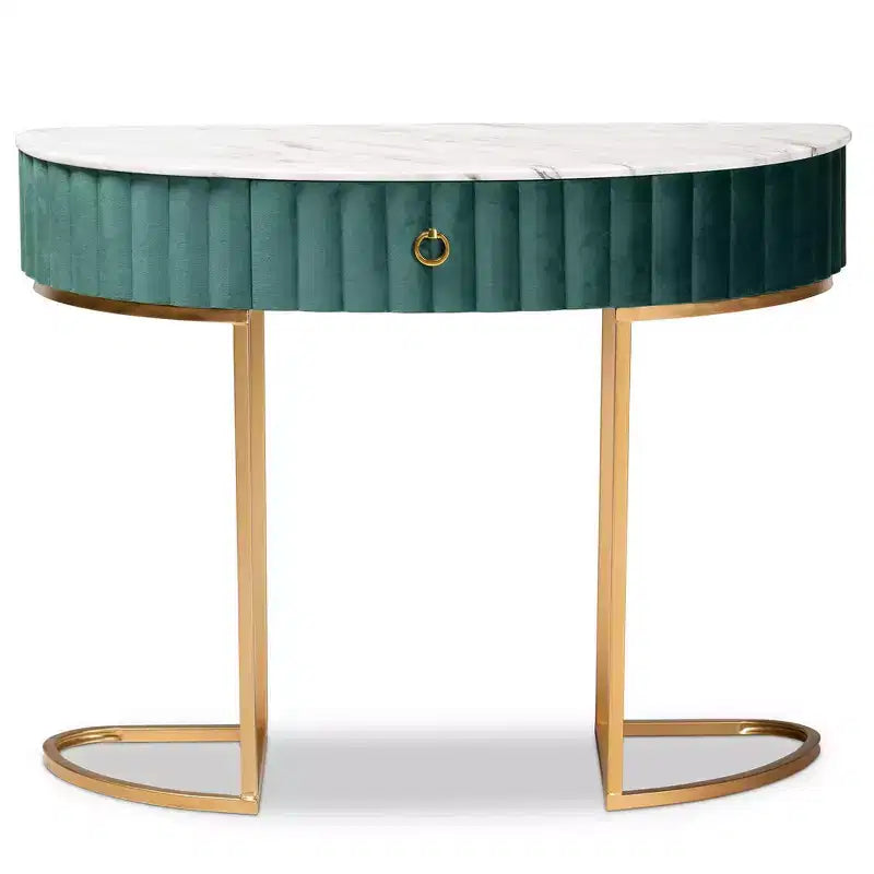 Baxton Studio Table Console Beale Velours Rembourrée 1 Tiroir Brossée Vert/Or : Dessus Faux Marbre, Cadre MDF