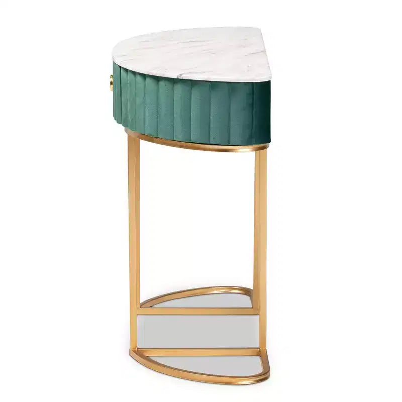 Baxton Studio Table Console Beale Velours Rembourrée 1 Tiroir Brossée Vert/Or : Dessus Faux Marbre, Cadre MDF