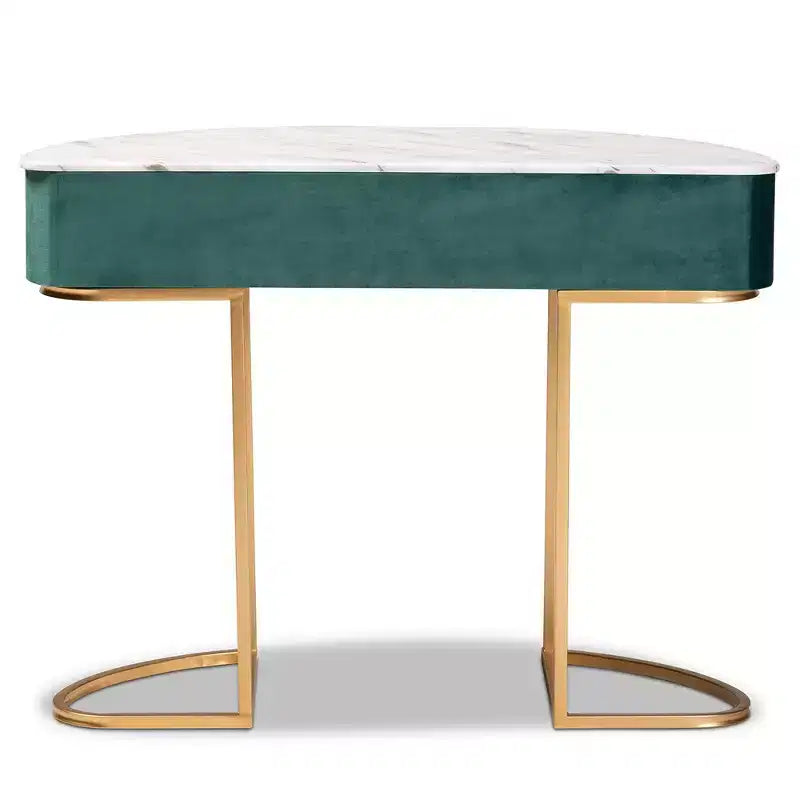 Baxton Studio Table Console Beale Velours Rembourrée 1 Tiroir Brossée Vert/Or : Dessus Faux Marbre, Cadre MDF