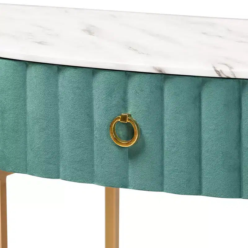 Baxton Studio Table Console Beale Velours Rembourrée 1 Tiroir Brossée Vert/Or : Dessus Faux Marbre, Cadre MDF