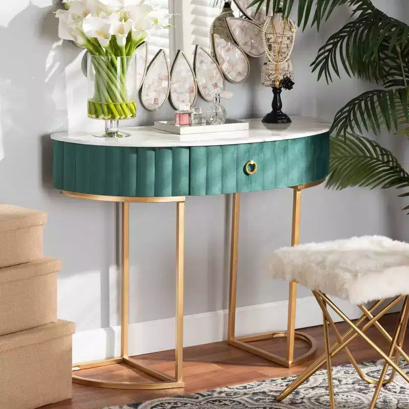 Baxton Studio Table Console Beale Velours Rembourrée 1 Tiroir Brossée Vert/Or : Dessus Faux Marbre, Cadre MDF