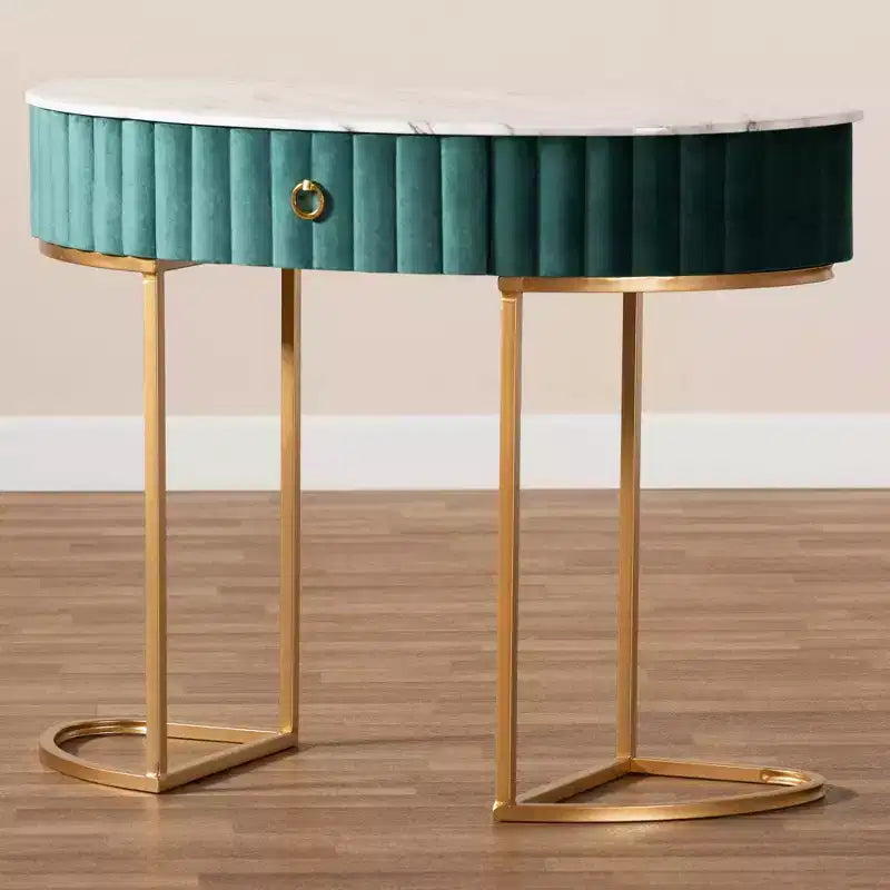 Baxton Studio Table Console Beale Velours Rembourrée 1 Tiroir Brossée Vert/Or : Dessus Faux Marbre, Cadre MDF
