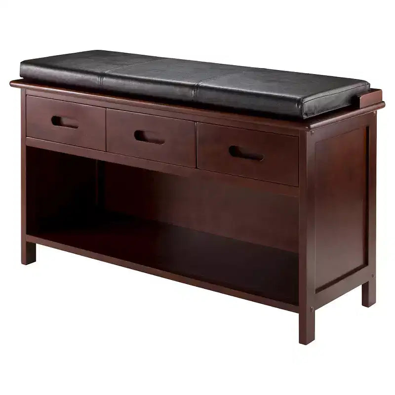 Banc de rangement d'entrée Adriana avec coussin Noyer - Winsome : Bois massif, 3 tiroirs, Similicuir