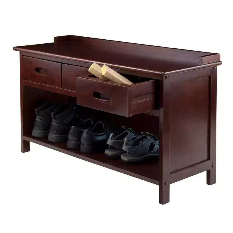 Banc de rangement d'entrée Adriana avec coussin Noyer - Winsome : Bois massif, 3 tiroirs, Similicuir