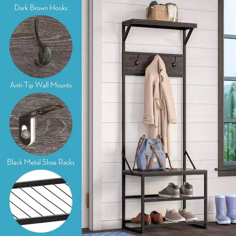Meuble de rangement pour chaussures RiverRidge Afton Hall Tree avec crochets et étagère de rangement, banc d'entrée, grain de bois vieilli et cadre en métal noir
