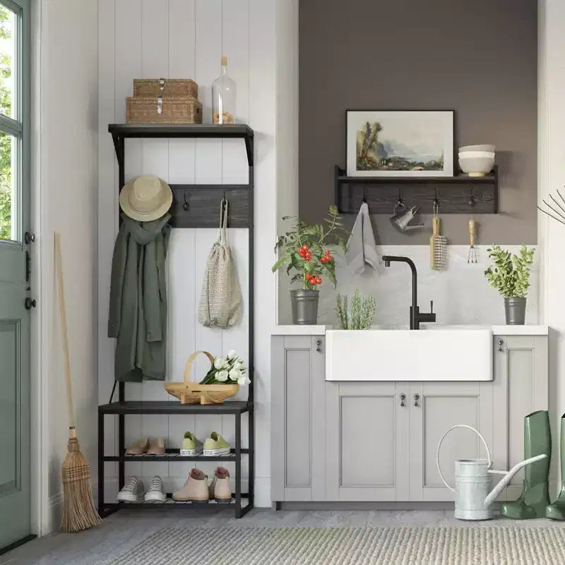 Meuble de rangement pour chaussures RiverRidge Afton Hall Tree avec crochets et étagère de rangement, banc d'entrée, grain de bois vieilli et cadre en métal noir