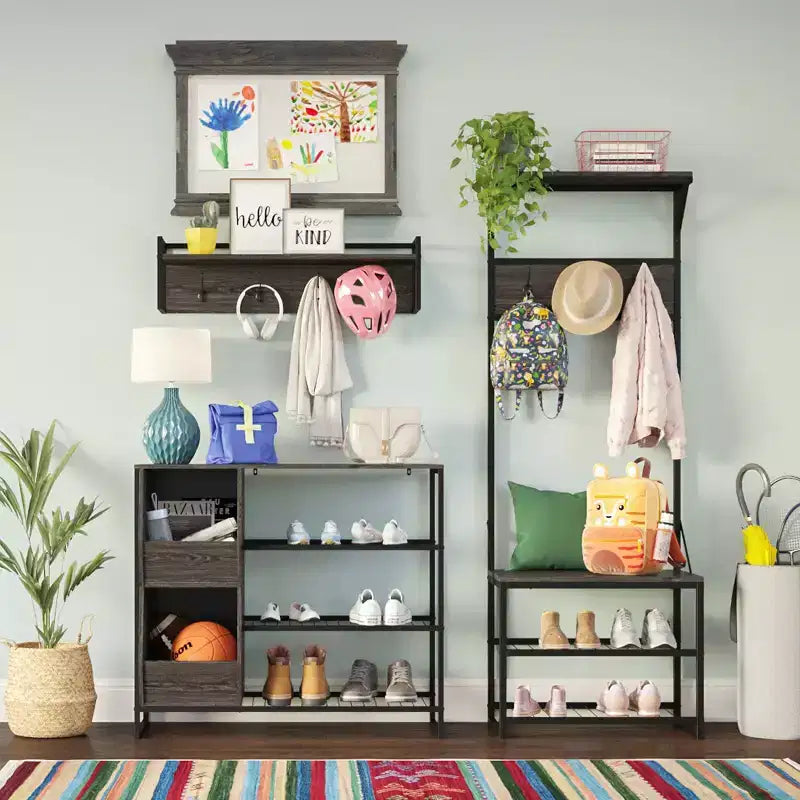 Meuble de rangement pour chaussures RiverRidge Afton Hall Tree avec crochets et étagère de rangement, banc d'entrée, grain de bois vieilli et cadre en métal noir