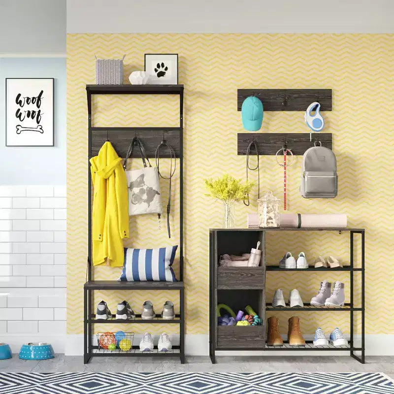 Meuble de rangement pour chaussures RiverRidge Afton Hall Tree avec crochets et étagère de rangement, banc d'entrée, grain de bois vieilli et cadre en métal noir