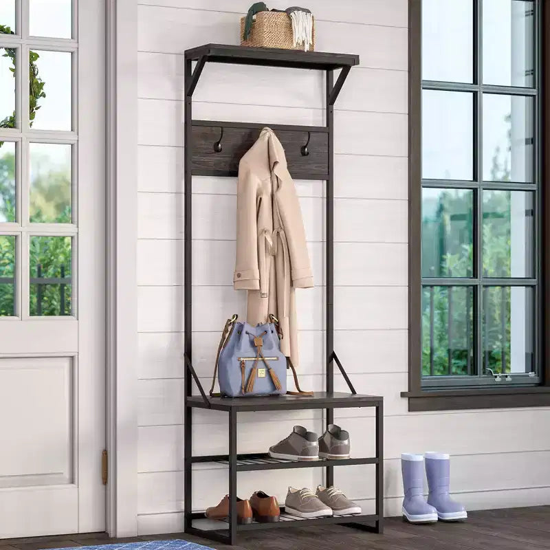 Meuble de rangement pour chaussures RiverRidge Afton Hall Tree avec crochets et étagère de rangement, banc d'entrée, grain de bois vieilli et cadre en métal noir