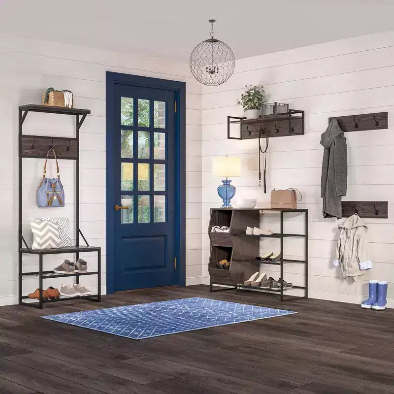 Meuble de rangement pour chaussures RiverRidge Afton Hall Tree avec crochets et étagère de rangement, banc d'entrée, grain de bois vieilli et cadre en métal noir