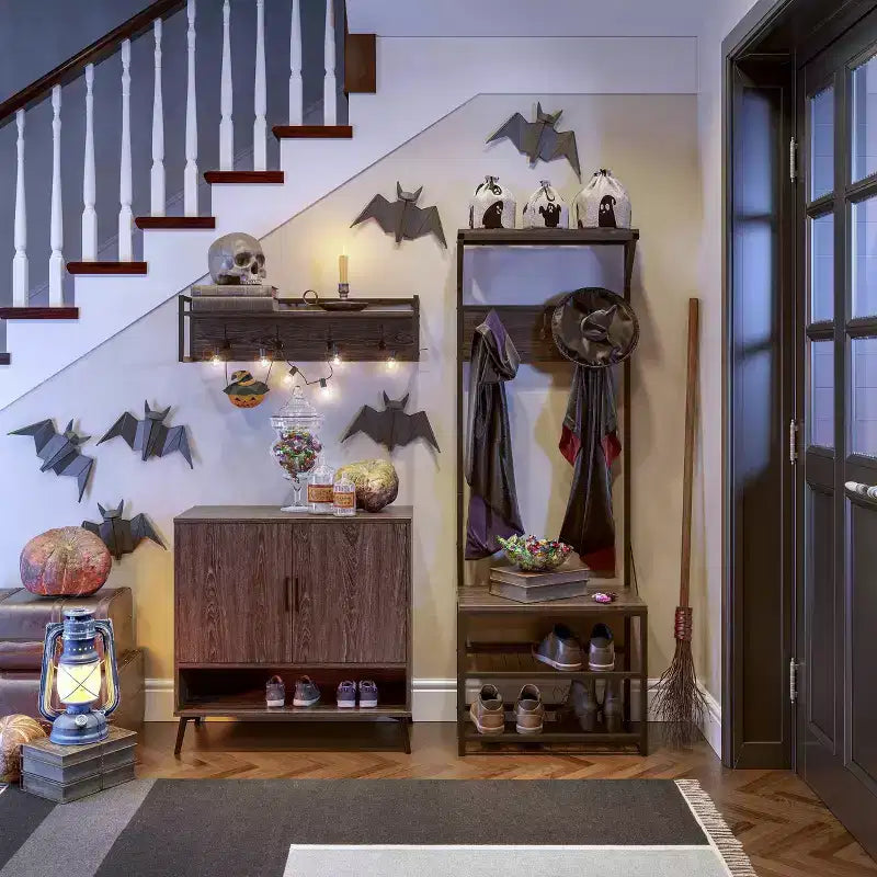 Meuble de rangement pour chaussures RiverRidge Afton Hall Tree avec crochets et étagère de rangement, banc d'entrée, grain de bois vieilli et cadre en métal noir